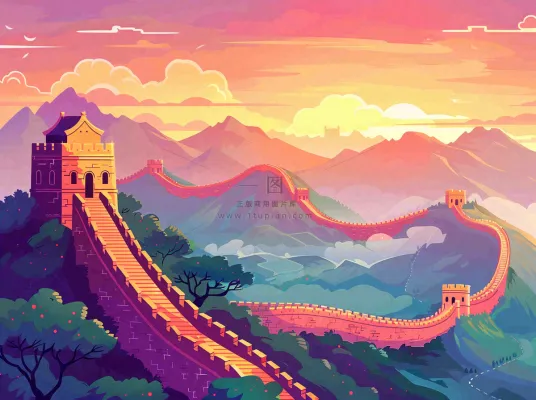 万里长城中国山河国潮插画北京旅游景点八一建军节红色文化卡通插画背景