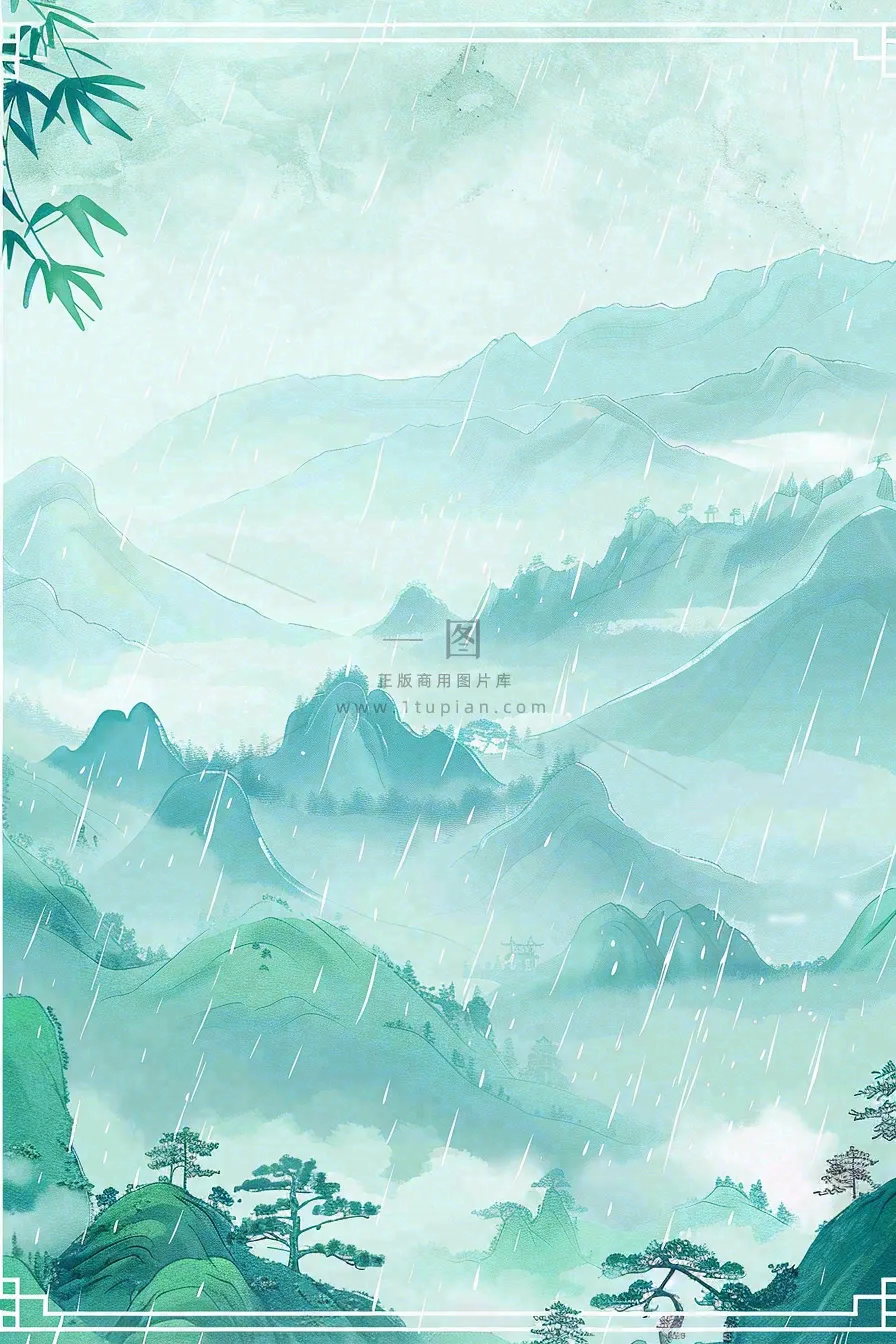 春天中国风古风山水水墨画雨天雨水谷雨清明插画背景