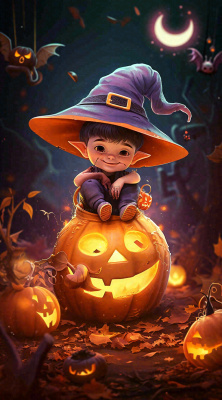 梦幻黑色万圣节恐怖南瓜，夜晚卡通动漫插画