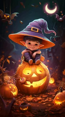 梦幻黑色万圣节恐怖南瓜，夜晚卡通动漫插画