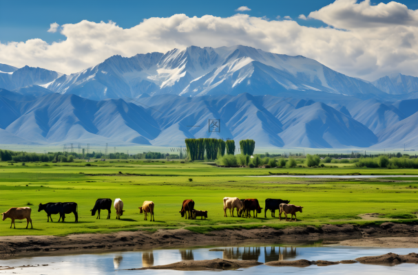 一群牛在郁郁葱葱的绿色田野上吃草非常美丽的风景摄影图