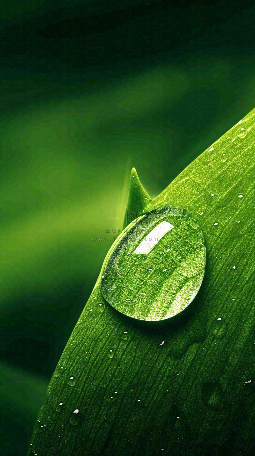 春天树叶草叶上晶莹剔透的水珠,雨水摄影图