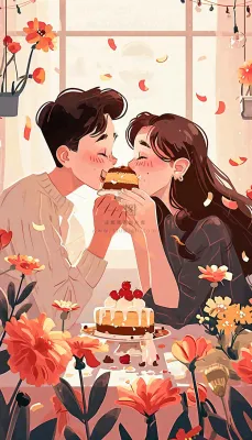 情人节情侣浪漫圣诞节日温馨生日会,插画手绘,居家餐厅美食 情人节情侣浪漫圣诞节日温馨生日会,插画手绘,居家餐厅美食