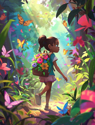 夏天户外森林丛林冒险的青少年背包旅行探险卡通插画背景