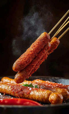 烤火腿肠煎辣椒面香辣美食小吃摄影图