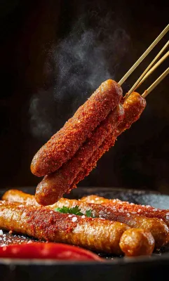 烤火腿肠煎辣椒面香辣美食小吃摄影图