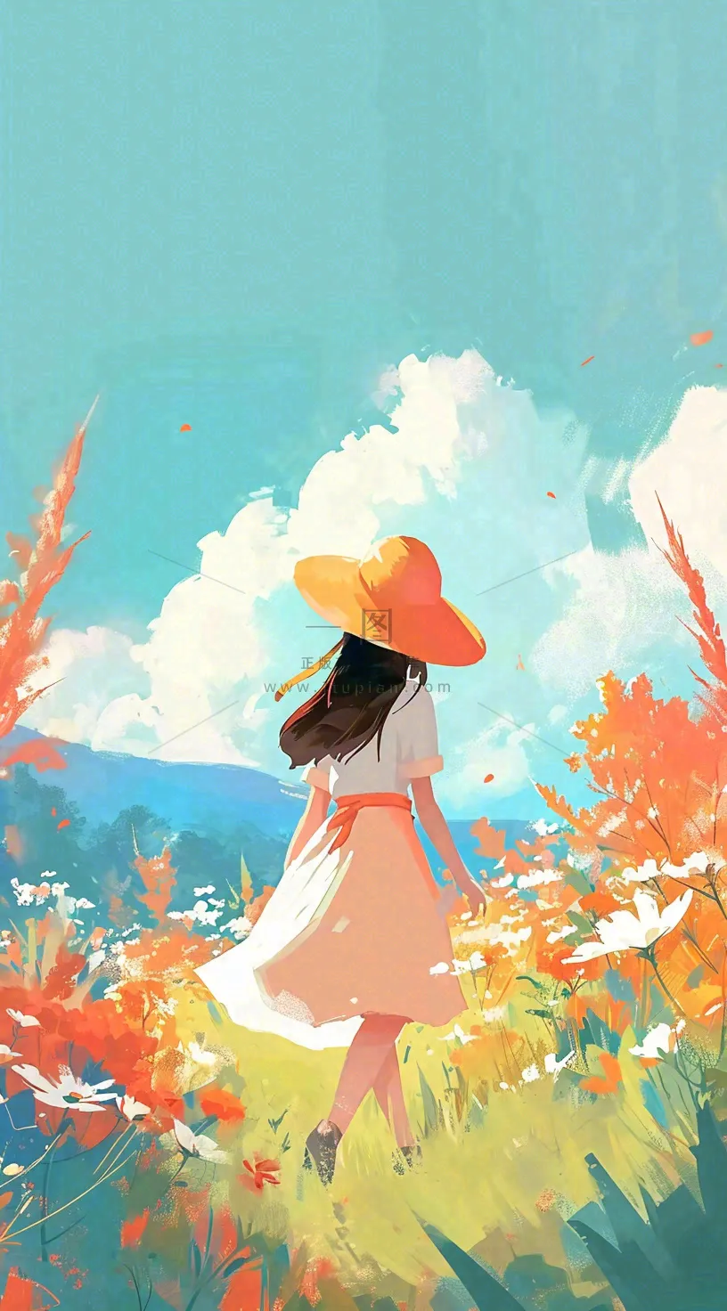 油画女孩春天踏青郊游山脉鲜花草地，春分，插画手绘
