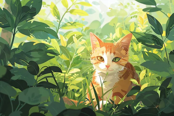 春日草丛里的猫橘猫可爱卡通插画背景 春日草丛里的猫橘猫可爱卡通插画背景