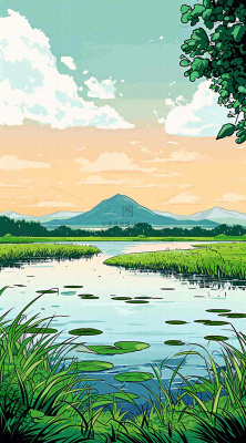 春天阳光灿烂远处的高山和田野春意盎然手绘卡通画