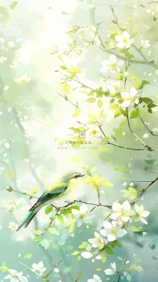 春天繁华盛开树枝小鸟春意小清新唯美立春惊蛰插画背景