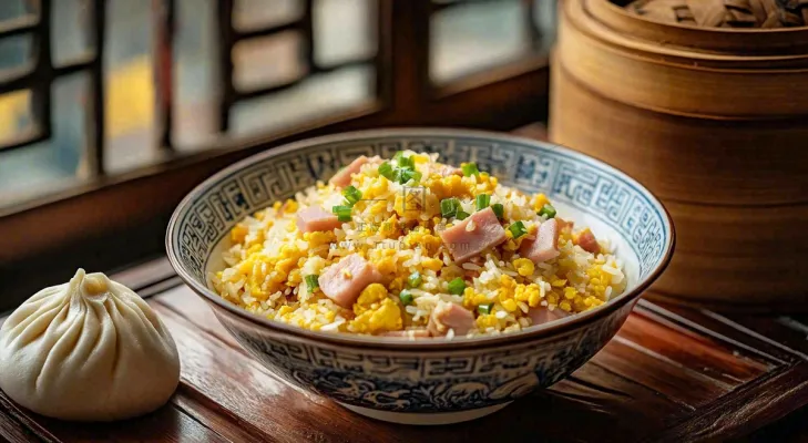 火腿肉丁炒饭鸡蛋美食主食摄影图