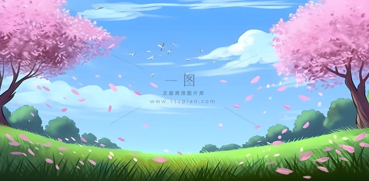 春天蓝天白云草原绿色树草地手绘插画海报素材背景