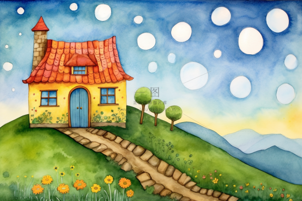 森林里的小房子门前花丛草地石子路卡通插画素材背景 森林里的小房子门前花丛草地石子路卡通插画素材背景