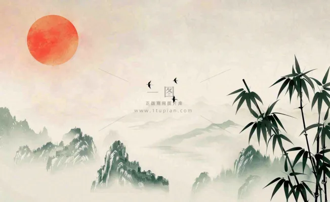 中国风古风水墨画山竹落日余晖淡雅清明端午插画背景 中国风古风水墨画山竹落日余晖淡雅清明端午插画背景