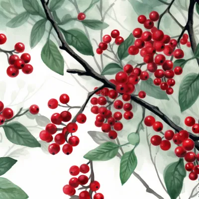 树枝上的红色果实小清新植物水墨画插画素材