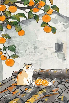 古风屋檐上的橘子树猫咪中国风插画处暑秋分白露插画背景 古风屋檐上的橘子树猫咪中国风插画处暑秋分白露插画背景