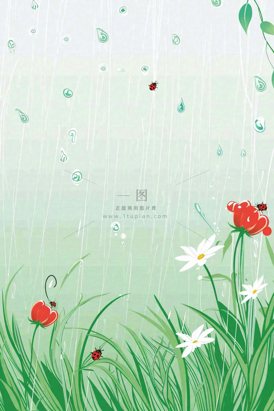 春天草丛花丛昆虫下雨天雨水惊蛰谷雨卡通插画背景
