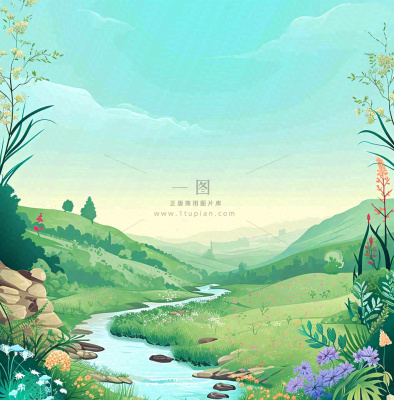 春天山脉小溪河流花丛绿植清新手绘插画,春分惊蛰 春天山脉小溪河流花丛绿植清新手绘插画,春分惊蛰