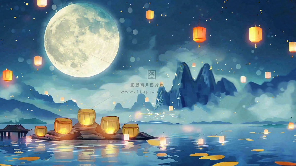 中秋河灯孔明灯中元节风景寒衣节黑夜中元节夜晚月亮唯美插画背景
