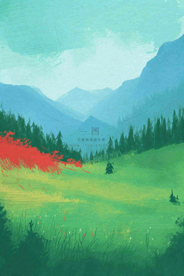 春天郊外绿地草地山脉石头插画手绘，惊蛰春分