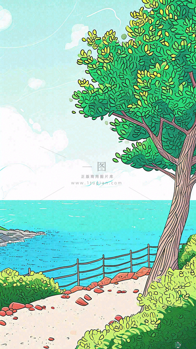 海边沙滩玩耍旅行夏日假期游玩手绘插画,可爱清新,夏至小暑大暑