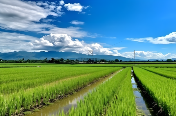 背景是蓝天的绿色稻田插秧摄影图