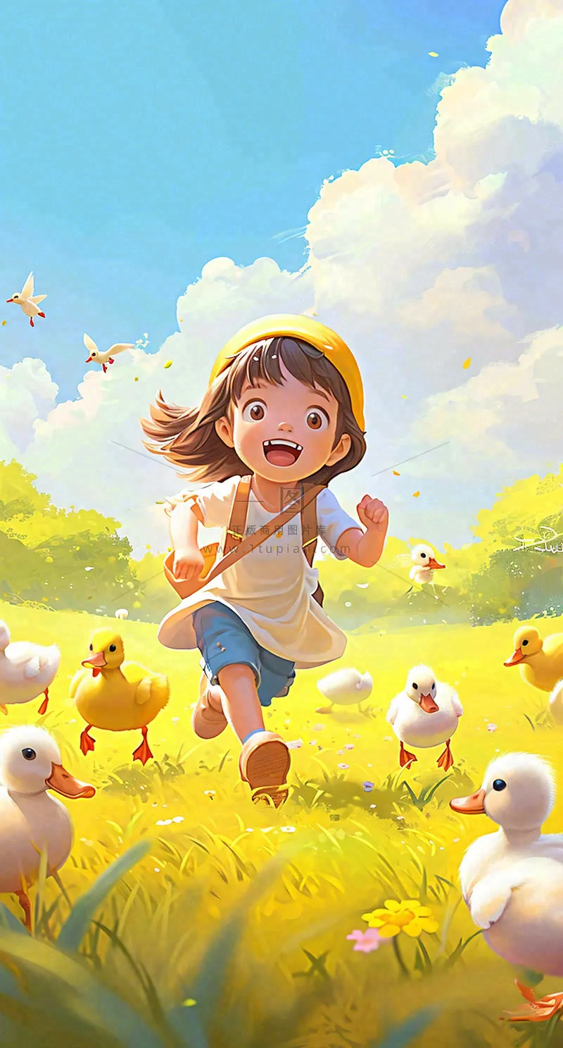 儿童节可爱鸭子奔跑,蓝天白云草地童真玩耍,清新插画