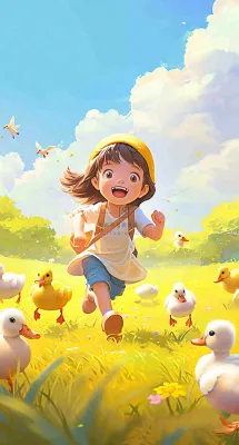 儿童节可爱鸭子奔跑,蓝天白云草地童真玩耍,清新插画 儿童节可爱鸭子奔跑,蓝天白云草地童真玩耍,清新插画