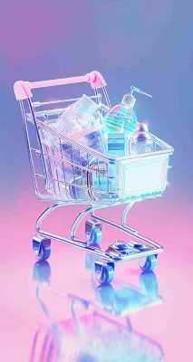 彩色奇幻渐变蓝紫粉色购物车手推车3D 彩色奇幻渐变蓝紫粉色购物车手推车3D
