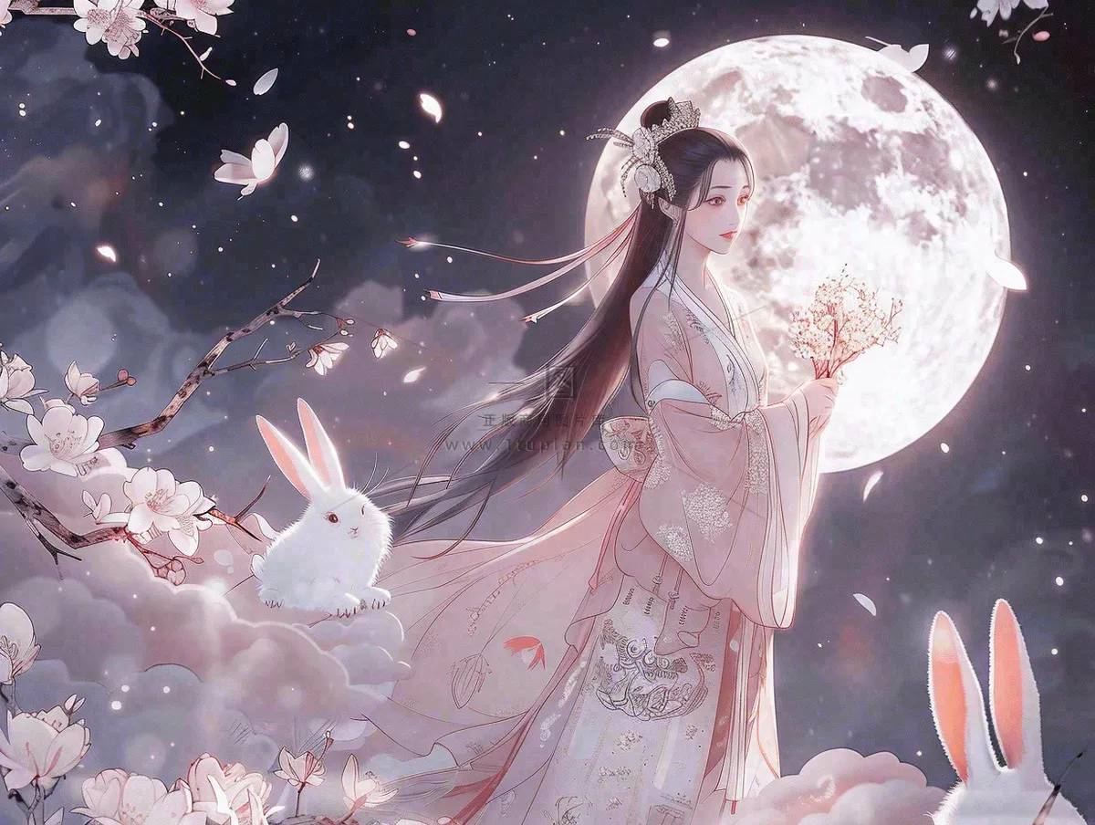 中秋节嫦娥玉兔月下嫦娥插图卡通唯美手绘古风插画背景
