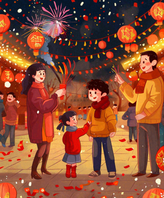 新年一家人游玩张灯结彩热闹喜庆放烟花街道小年除夕春节卡通插画背景 新年一家人游玩张灯结彩热闹喜庆放烟花街道小年除夕春节卡通插画背景