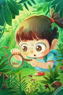 儿童学生森林冒险放大镜观察蚂蚁户外探险儿童节卡通插画背景 儿童学生森林冒险放大镜观察蚂蚁户外探险儿童节卡通插画背景