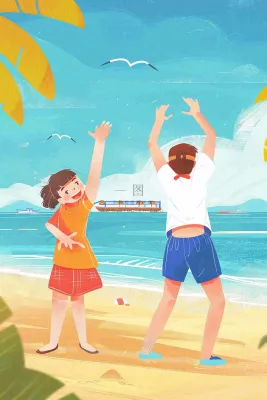 夏至海边沙滩度假玩乐小暑大暑节气插画背景