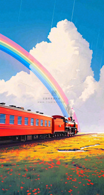 蓝天白云户外铁路草地彩虹手绘,色彩缤纷 蓝天白云户外铁路草地彩虹手绘,色彩缤纷