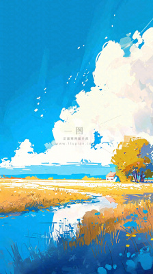 春天乡村河流倒影草地蓝天白云小屋手绘插画 春天乡村河流倒影草地蓝天白云小屋手绘插画