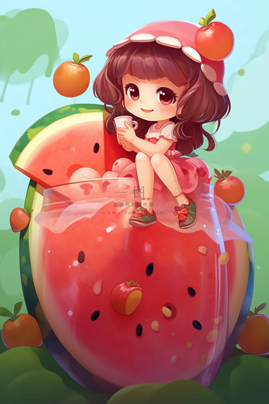 夏日冰西瓜汁刨冰饮料女孩坐着可爱卡通插画背景