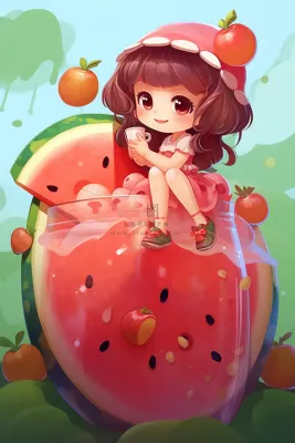 夏日冰西瓜汁刨冰饮料女孩坐着可爱卡通插画背景