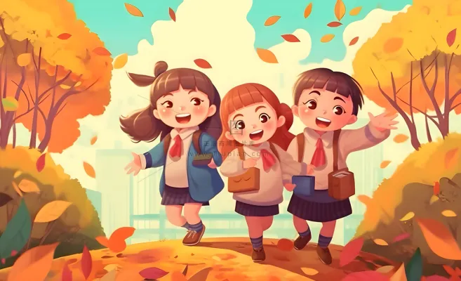 孩子们放学回家落叶欢乐卡通插画背景