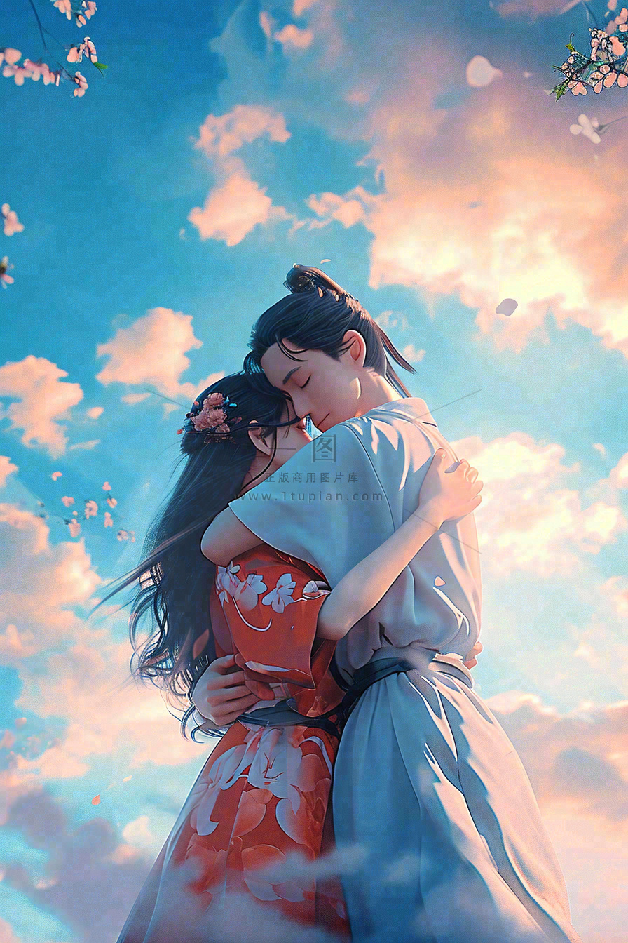 爱情情侣拥抱情人节浪漫粉色花朵,蓝天白云