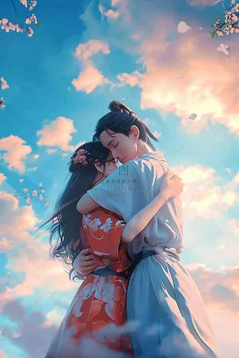 爱情情侣拥抱情人节浪漫粉色花朵，蓝天白云