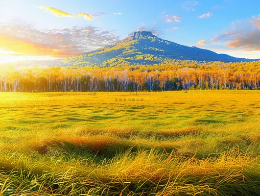 秋日朝霞云雾山林田野摄影图