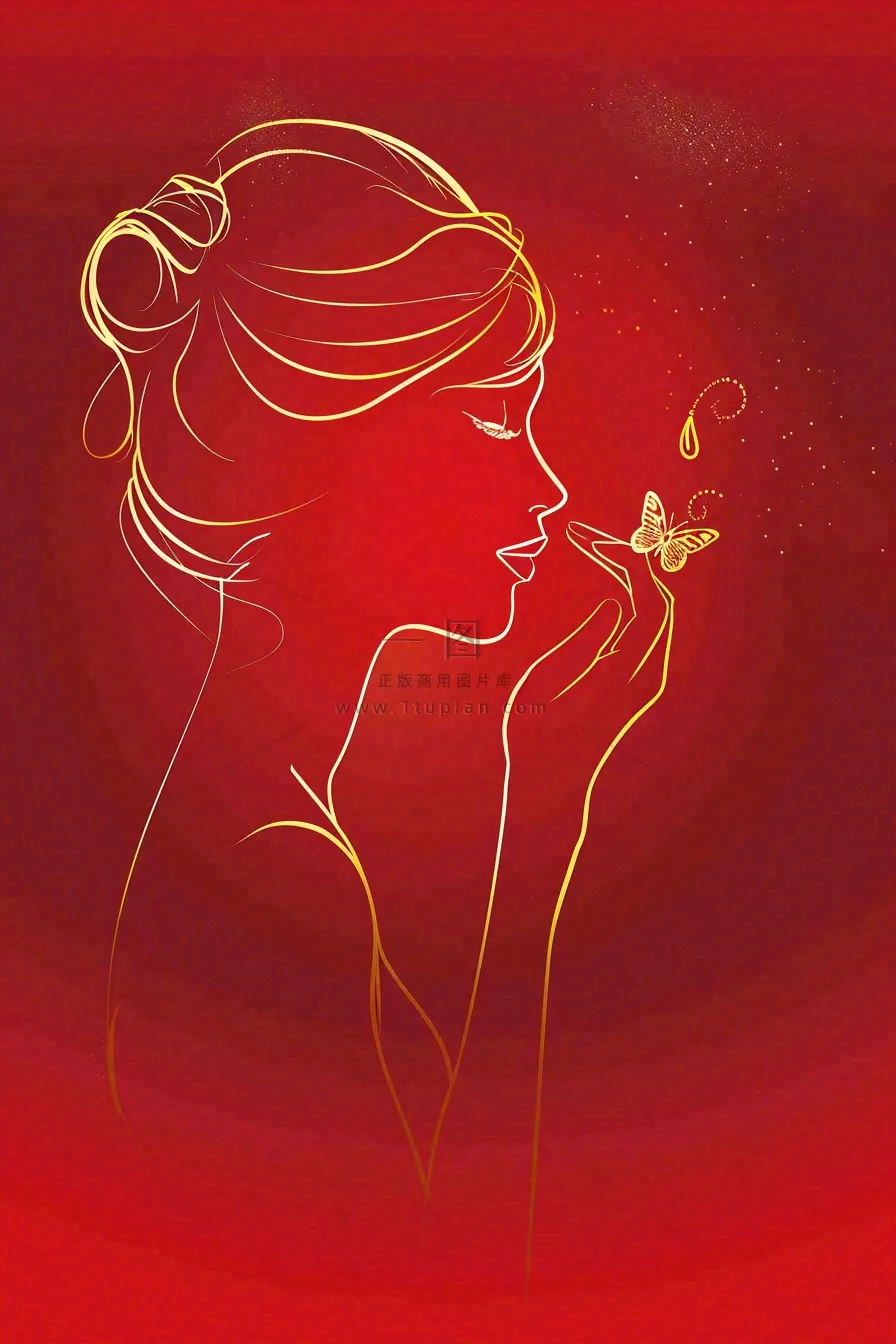 红色金线剪影女生节妇女节唯美插画背景