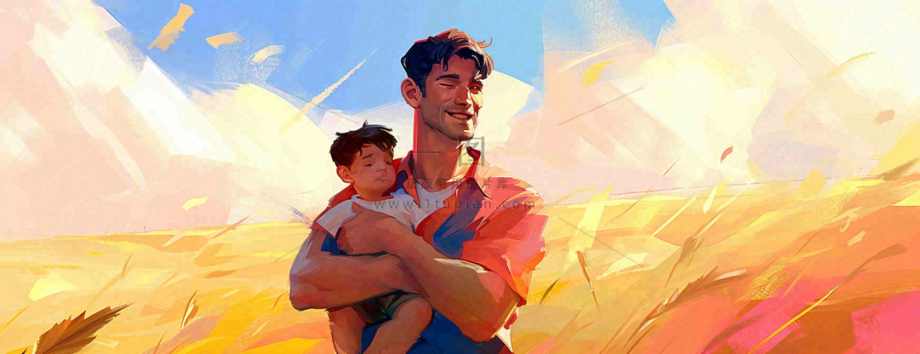 秋天麦田里的超人爸爸,父亲节父爱温馨,陪伴孩子插画 秋天麦田里的超人爸爸,父亲节父爱温馨,陪伴孩子插画