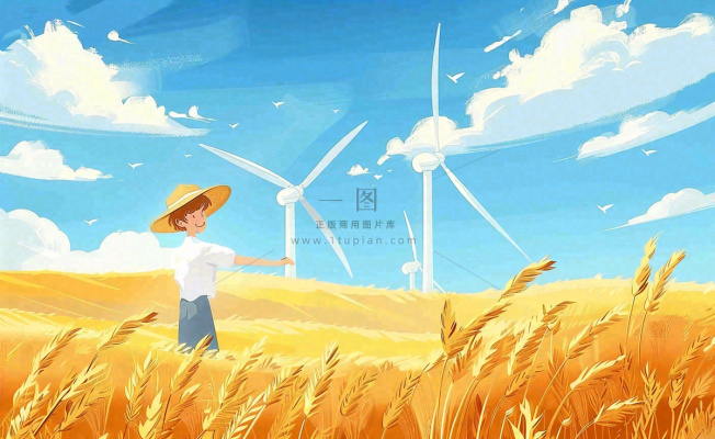 金秋秋天丰收麦田风车男孩人物小麦稻穗立秋秋分处暑芒种卡通插画背景