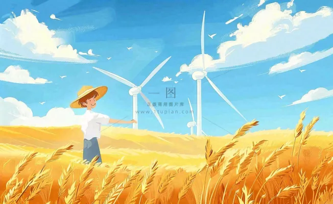 金秋秋天丰收麦田风车男孩人物小麦稻穗立秋秋分处暑芒种卡通插画背景