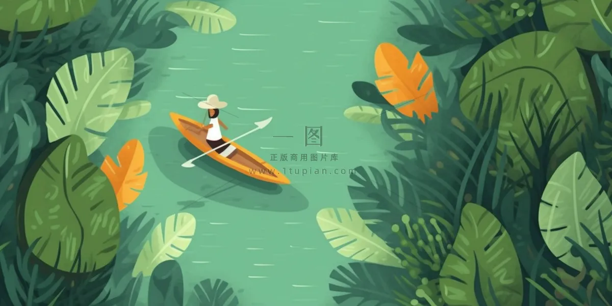 卡通插画湖面植物划船游湖背景
