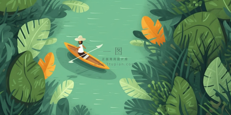 卡通插画湖面植物划船游湖背景 卡通插画湖面植物划船游湖背景