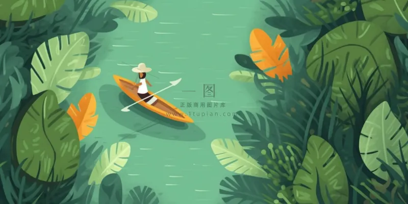 卡通插画湖面植物划船游湖背景 卡通插画湖面植物划船游湖背景