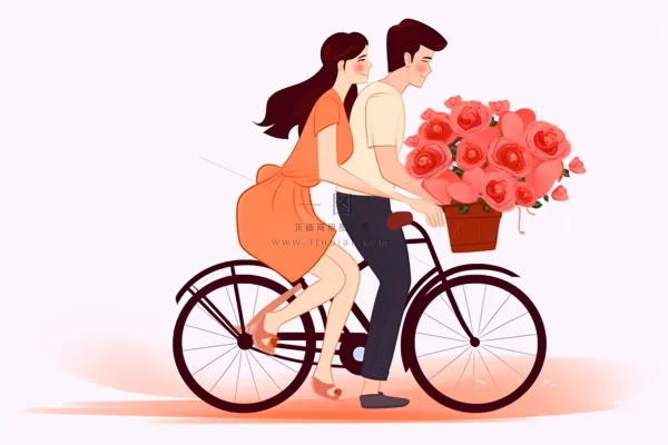 520情人节情侣骑车花束浪漫插画素材背景