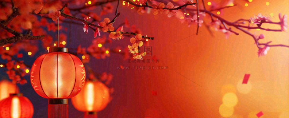 春节梅花红灯笼挂枝头红色喜庆小年除夕夜元宵节背景
